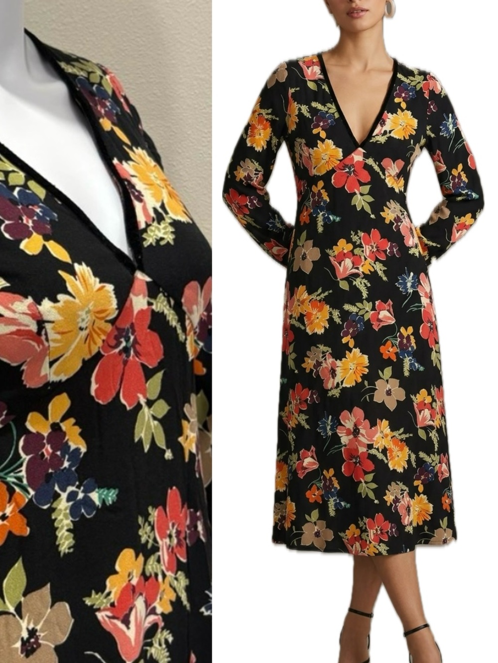Zara Trafaluc Floral Velvet Trim Midi Dress Size Small Black Long Sleeve Cottage